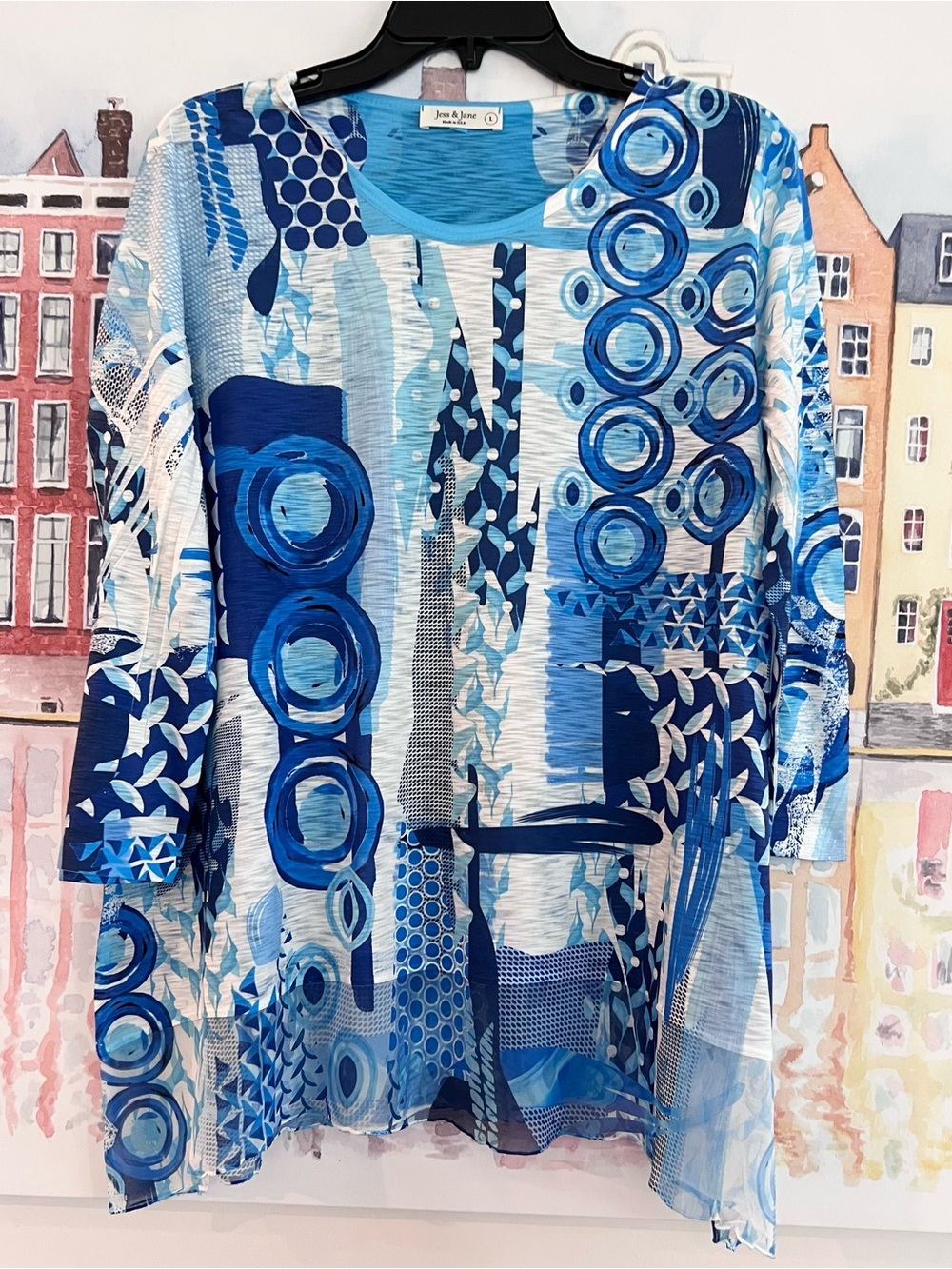 NWOT Jess and Jane Ocean Blue 3/4 Sleeve Slub Knit Top Chiffon Hem Size L